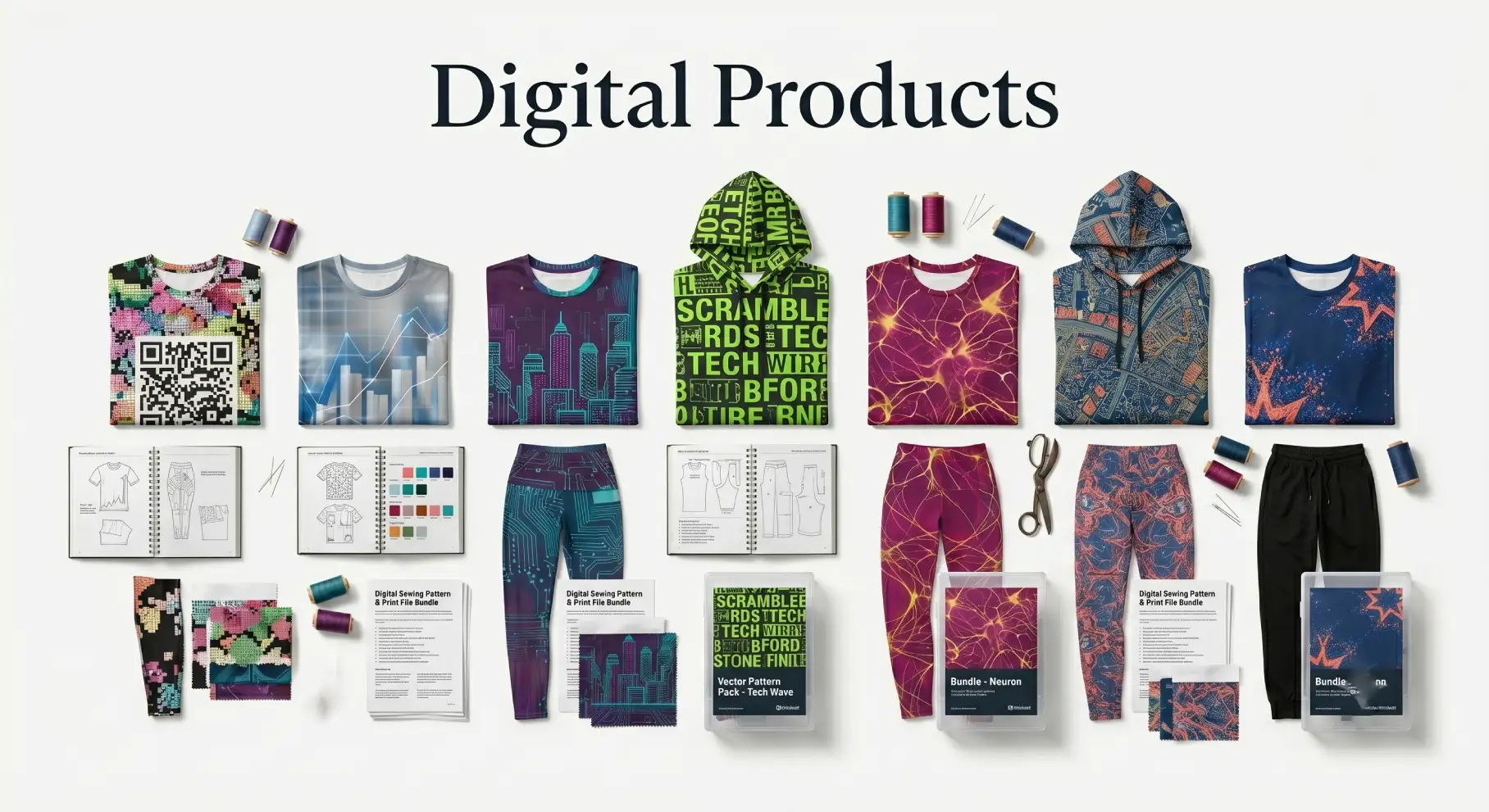 Premium digital assets including fashion tech packs sewing patterns design mockups and vector pattern printable files flat lay on a white background