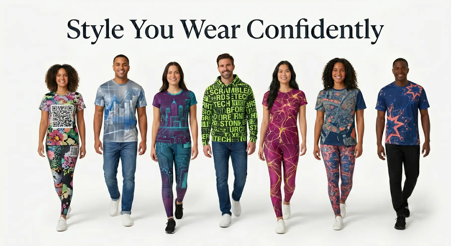 Six professional fashion models walking forward on a white background wearing custom all-over-print t-shirts and hoodies with modern futuristic designs