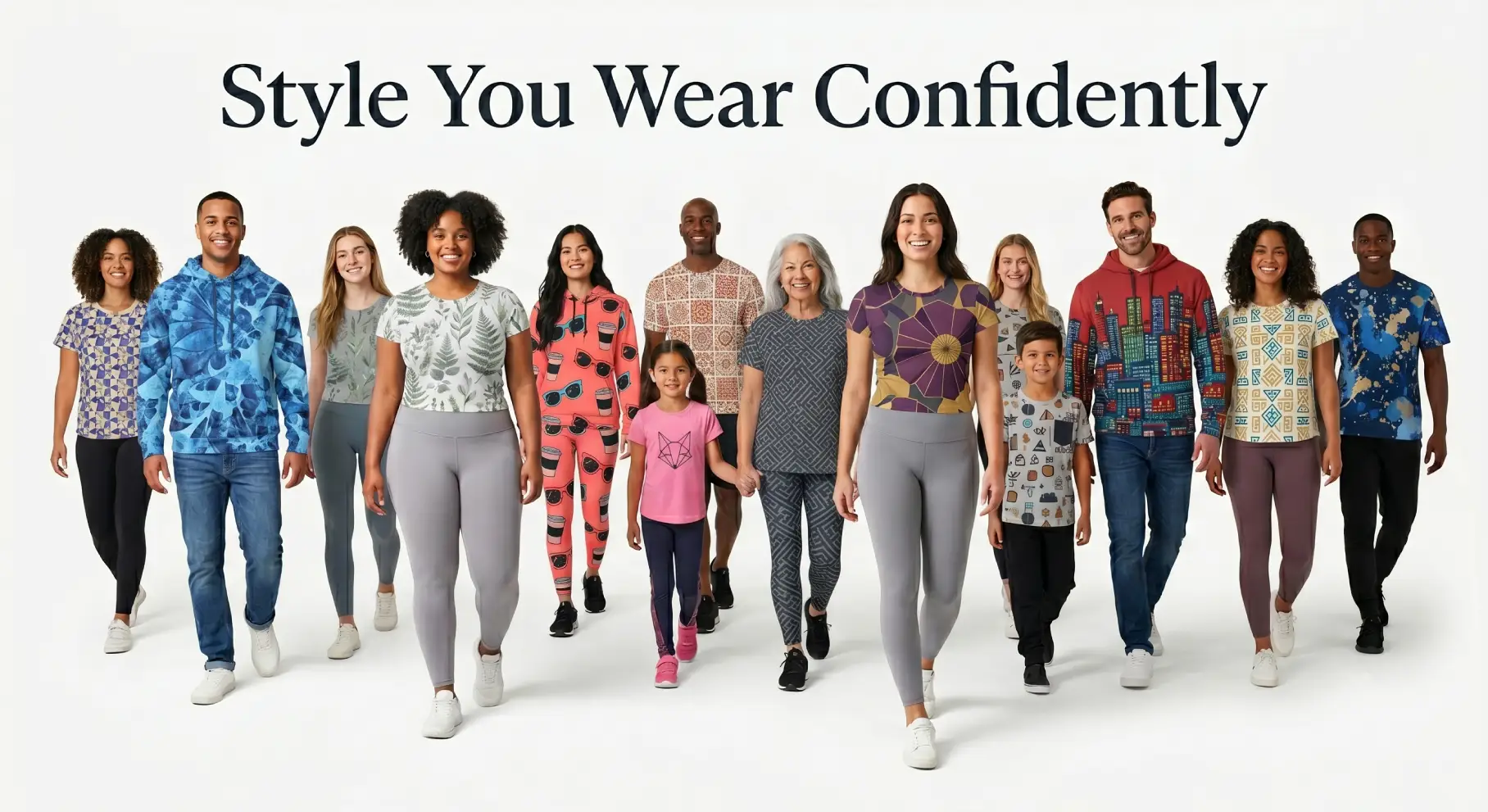 Six professional fashion models walking forward on a white background wearing custom all-over-print t-shirts and hoodies with modern futuristic designs