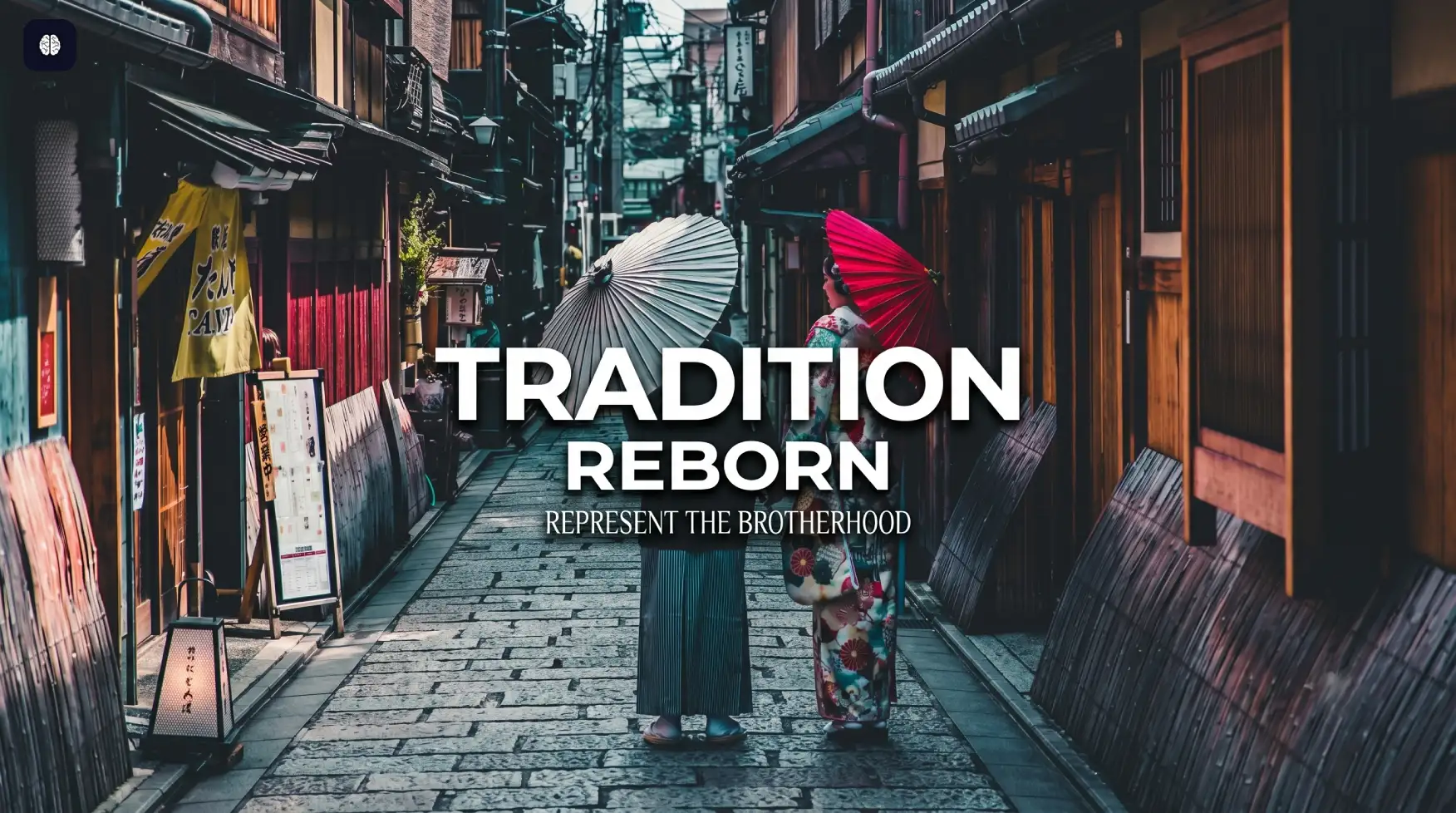 Two models walking down a classic street holding umbrellas showcasing custom modern printed apparel and identity clothing line